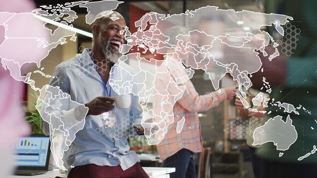 Business professionals are engaging in an office environment that features a digital overlay of a world map and data processing elements. The video shows a focus on global business and collaboration using modern technology. Ideal for illustrating concepts related to international trade, teamwork across continents, digital transformation in businesses, and modern workspaces.