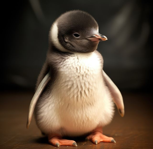 This image of a baby penguin standing on a dark background highlights its fluffy feathers and adorable appearance. Perfect for wildlife and nature-themed content, educational materials, and children's books. It can also be used in advertisements promoting conservation efforts or for adding a touch of cuteness to social media posts and marketing campaigns.
