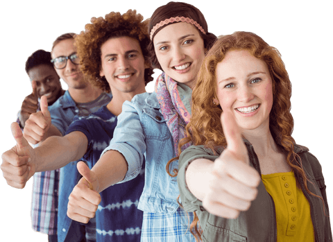 Transparent group students thumbs up smiling celebrating victory