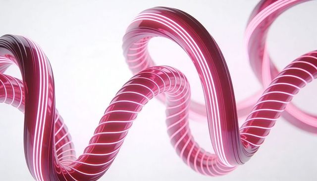 Twisting magenta helix ribbon with neon white stripes, glossy reflective abstract coil