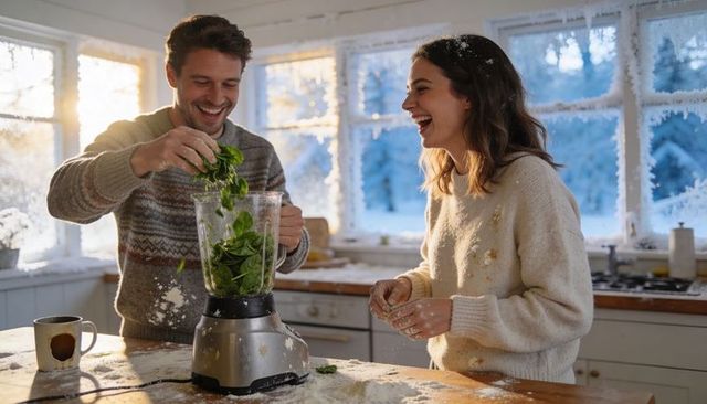 Couple laughing and blending spinach in cozy snow-kissed kitchen with frosted windows
