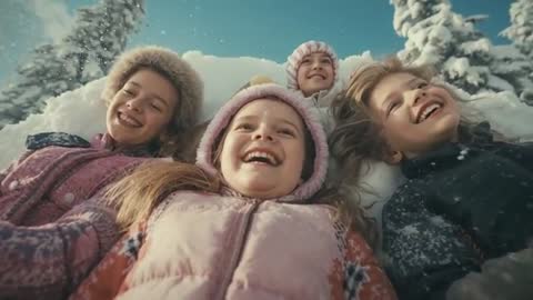 Children Joyfully Sliding Down Snowy Hill in Winter Adventure