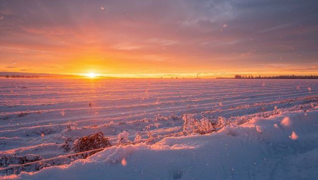 Sunrise casting warm glow over snow-covered farmland with frosted furrows