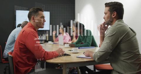 Business Meeting with Data Visualization Floating Transparent Interfaces