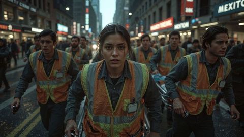 Female paramedic leading team through urban street at night