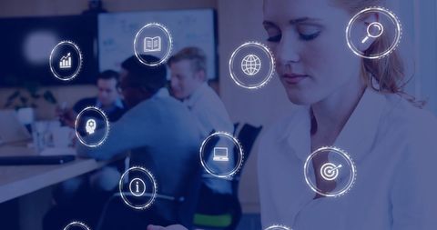 Businesswoman Using Smartphone with Floating Digital Interface Icons