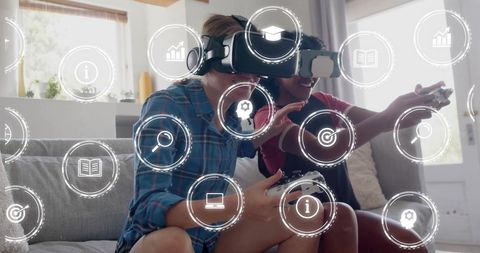 Two friends using vr headsets absorbed in educational exploration