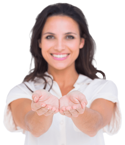 Smiling woman holding hands out transparent background
