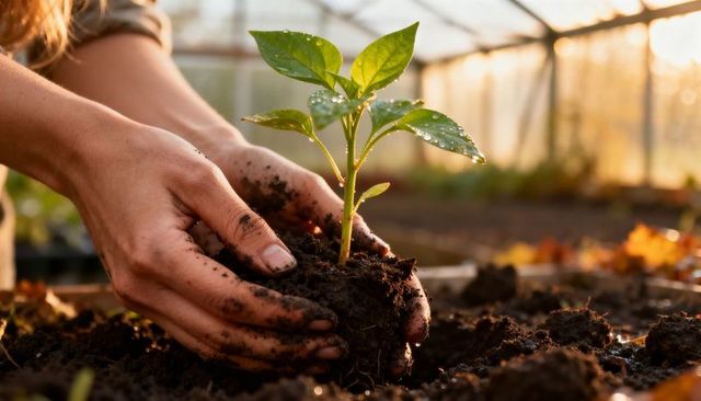 Gardener hands planting seedling in greenhouse soil closeup, sustainable gardening concept
