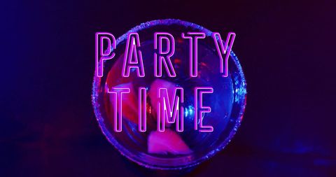 image conveys vibrant nightlife and party theme featuring a cocktail with ice cubes on blue lit backdrop. neon lettering adds a festive and lively vibe. useful for nightlife events, party invitations, themed celebrations, or digital marketing materials needing a lively atmosphere.