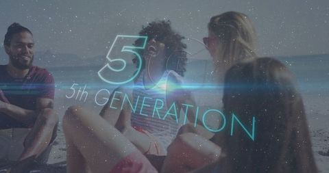 Friends enjoying beach day with 5g overlay graphics