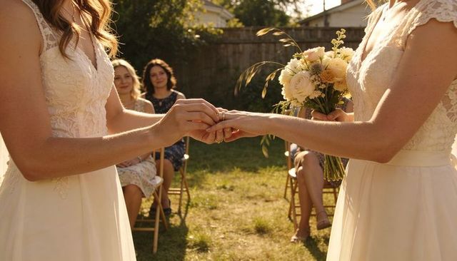 Two brides exchanging wedding rings during backyard golden hour ceremony with bouquet