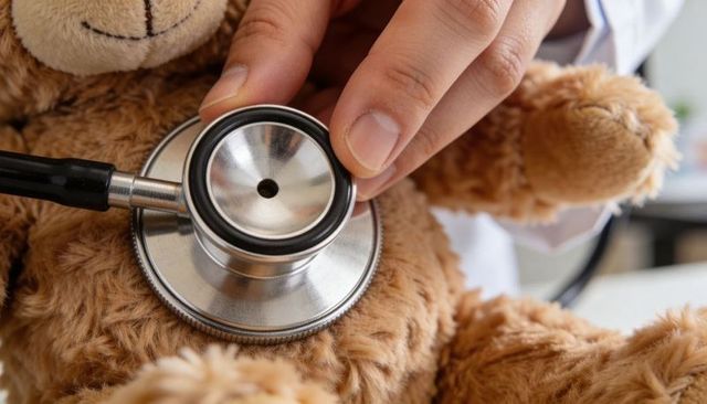 Doctor placing stethoscope on brown teddy bear during pediatric exam for child care comfort