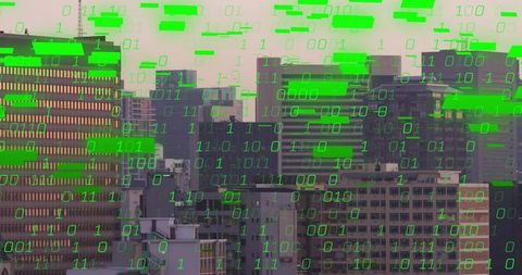 Urban skyline overlaying with green binary code projecting digital transformation