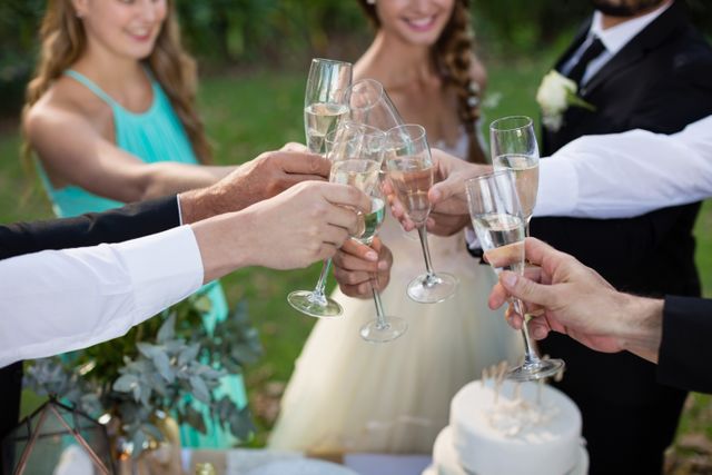 Newly married couple and guests toasting glasses of champagne - Download Free Stock Photos Pikwizard.com