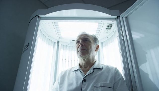 Senior man receiving phototherapy in light therapy booth wearing piped patient gown