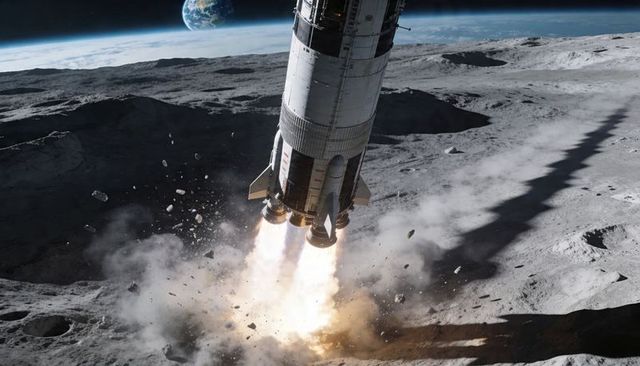 Lunar lander descending with engines firing, kicking dust plume, Earth visible over horizon