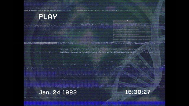 This digitally generated visual features a retro glitch animation with an overlay of a DNA strand, digital data, and a vintage timestamp from January 1993. Ideal for use in multimedia projects related to science fiction, technology retrospectives, educational videos on genetics, or art projects aiming to evoke a sense of nostalgia with a futuristic twist.