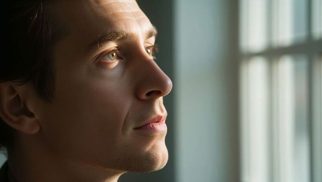 Young man gazing out multi-pane window, soft daylight on face, contemplative introspective portrait