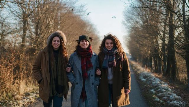 Three friends walking arm-in-arm down sunlit frosty lane wearing winter coats and scarves
