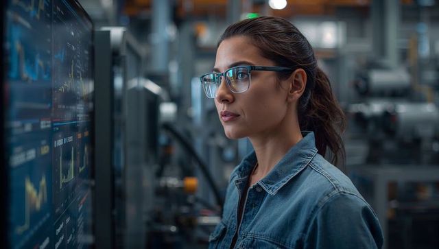 Female Engineer Monitoring Manufacturing Analytics Dashboard on Vertical Screen in Factory