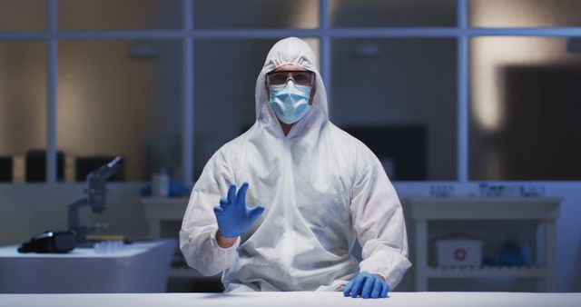 Caucasian male medical worker wearing protective clothing and mask using virtual digital interface in lab. healthcare, medical research technology and hygiene during coronavirus covid 19 pandemic.