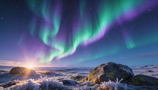 Vibrant aurora borealis stretching over frosted tundra at twilight with lichen-covered boulders