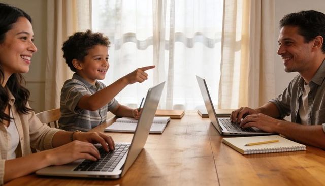 Family working remotely at dining table with child pointing and smiling