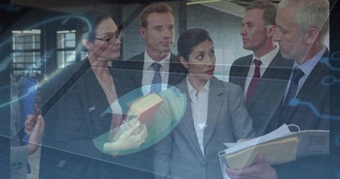 Executive team reviewing holographic data overlay and collaborating in corporate boardroom