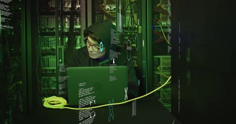 Hacker in Dark Server Room Surrounded by Data Encryption - Download Free Stock Images Pikwizard.com