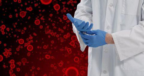 Doctor Putting on Gloves with Red Blood Cells Background