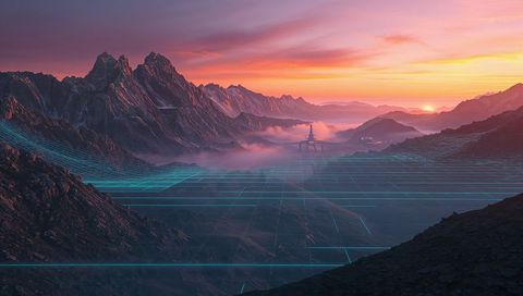 Neon Grid Mountain Valley at Sunset with Futuristic Spire and Cyan Mesh Overlay at Twilight