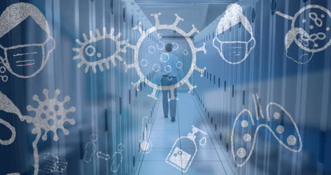 Virus Graphics Overlay on Man in Data Center Corridor