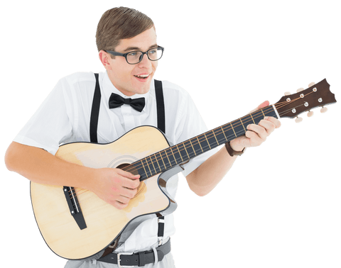 geeky young man playing guitar with enthusiasm in transparent background - Download Free Stock Videos Pikwizard.com