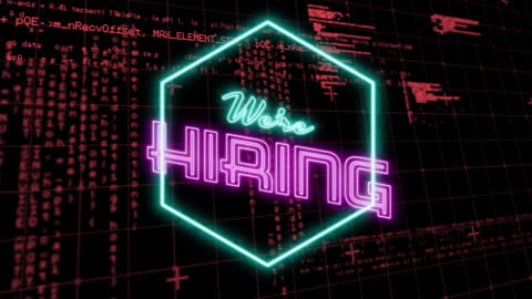 Neon We Are Hiring Sign with Digital Code Background