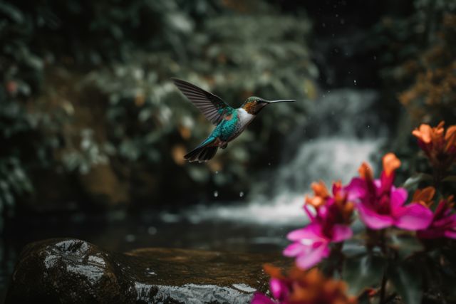Hummingbird hovering by purple flower over river, created using generative ai technology. Beauty in nature, wildlife, agility and feeding concept digitally generated image.