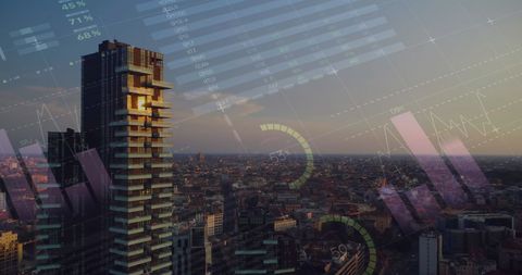 City Skyline with Digital Graph Overlay Illustrating Financial Analytics