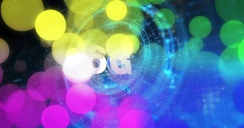 5G Network HUD Vortex Pulsing and Rotating Neon Bokeh with Futuristic Circuit Grid