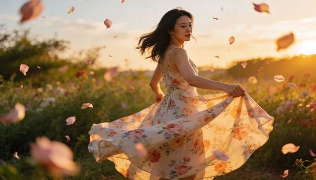 Twirling asian woman in floral sundress at golden hour in wildflower meadow with falling petals