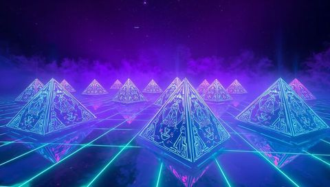 Glowing Neon Pyramids Reflecting on Glossy Cyber Grid with Purple Haze