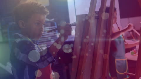 Abstract Data Overlay on Children Painting in Studio