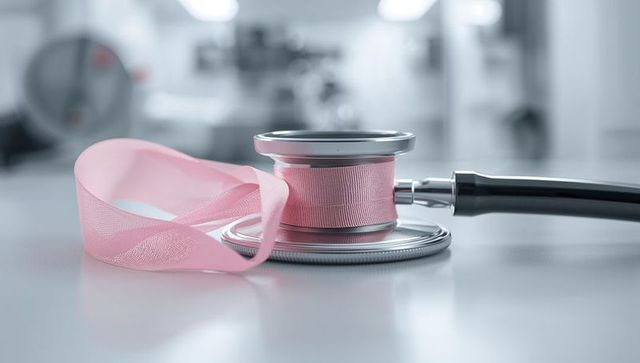 Stethoscope with pink ribbon symbolizing medical awareness