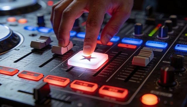 DJ hand pressing illuminated star pad on mixing controller with glowing LED faders