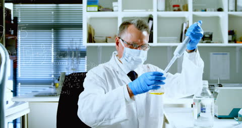 Scientist Conducting Experiment with Mathematical Analysis Overlap