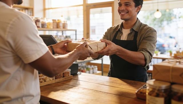 Smiling barista handing wrapped takeaway package to customer at rustic bakery counter