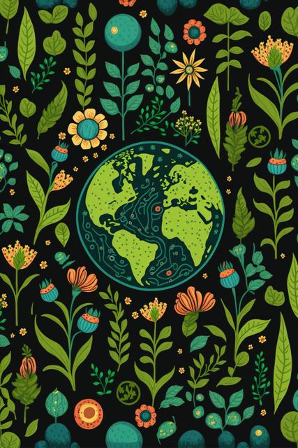 Illustration showing Earth positioned among green leaves and colorful flowers with black background. Perfect for use in eco-friendly campaigns, environmental awareness materials, Earth Day promotions, and sustainability illustrations. Ideal for posters, flyers, eco-conscious product packaging designs, and educational materials about nature and ecology.