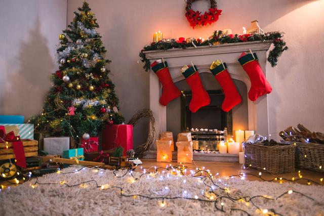 This image captures a cozy living room decorated for Christmas with a beautifully adorned tree, stockings hanging on the fireplace, and presents underneath the tree. Ideal for holiday greeting cards, festive advertisements, and home decor inspiration.
