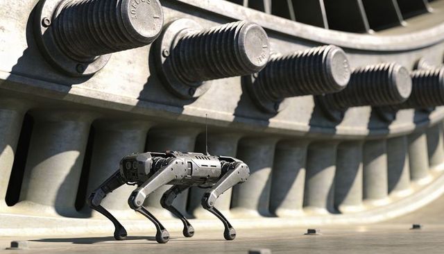 Scanning quadruped inspection robot patrolling industrial turbine chamber floor