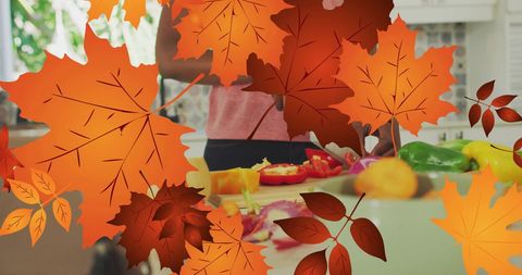 Autumn-Themed Overlay Frame with Woman Preparing Vegetables