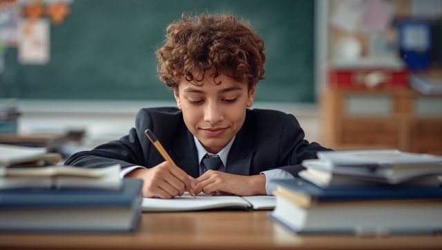 Schoolboy Writing in Classroom with Focused Expression and Piles of Books